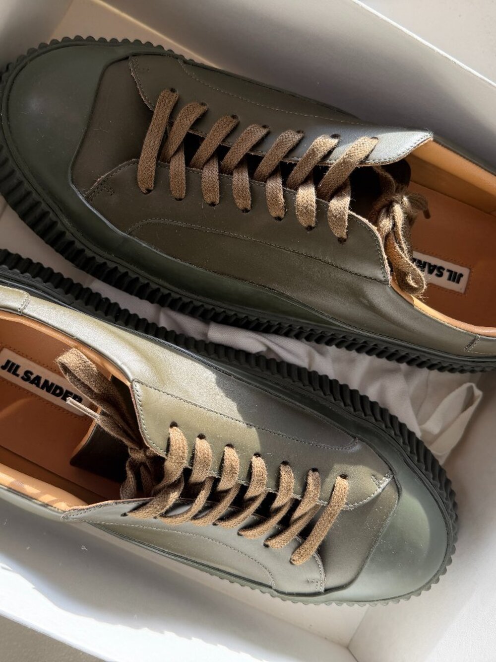 Jil Sander Military Green Baby Calf Leather Sneakers – Size 12